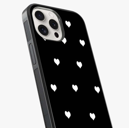Cute And Simple White Hearts Glass Case captured at a warm angle highlighting gloss, texture and premium glass finish.