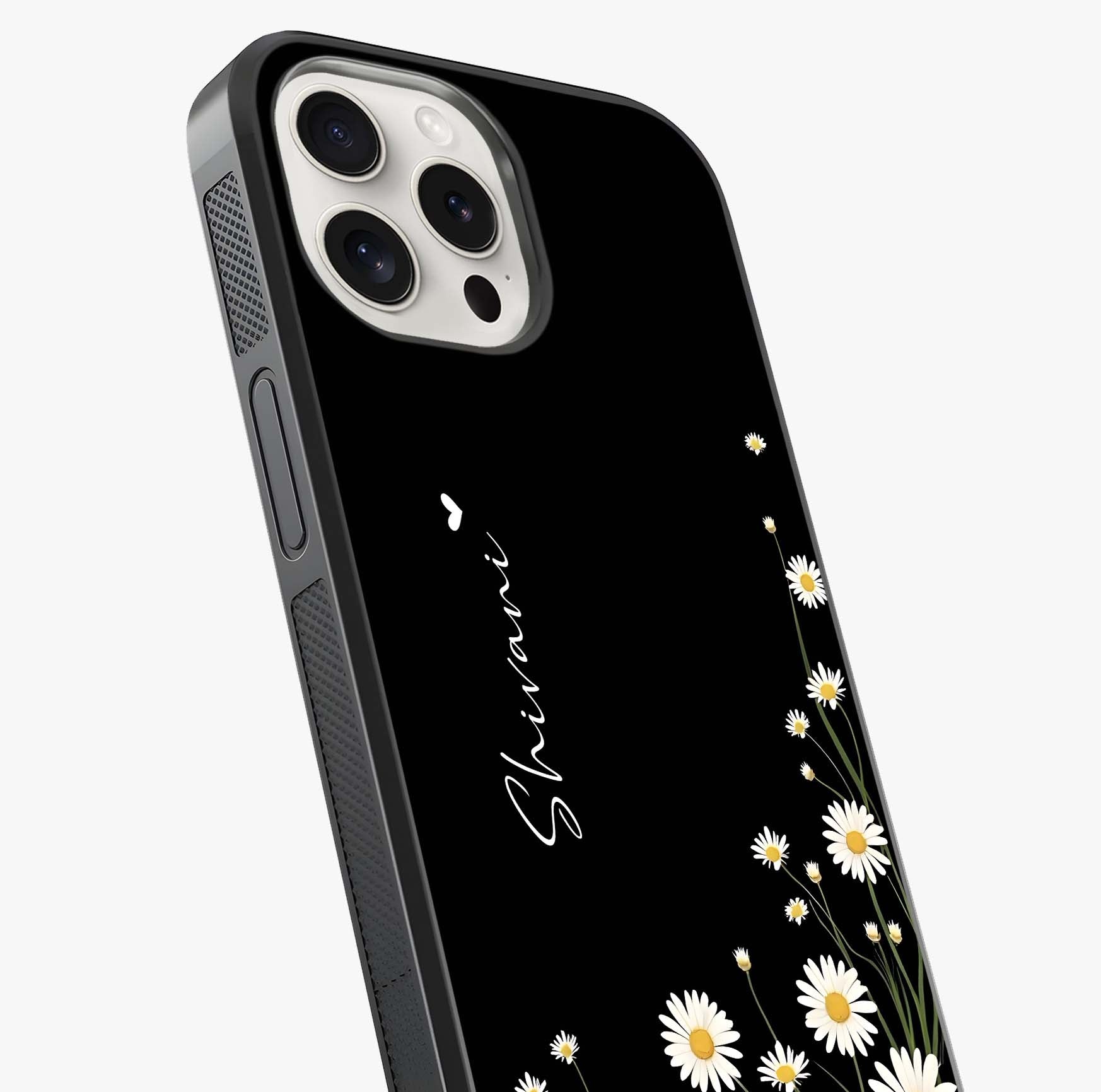 Daisy Cascade Custom Name Glass Case captured at a warm angle highlighting gloss, texture and premium glass finish.
