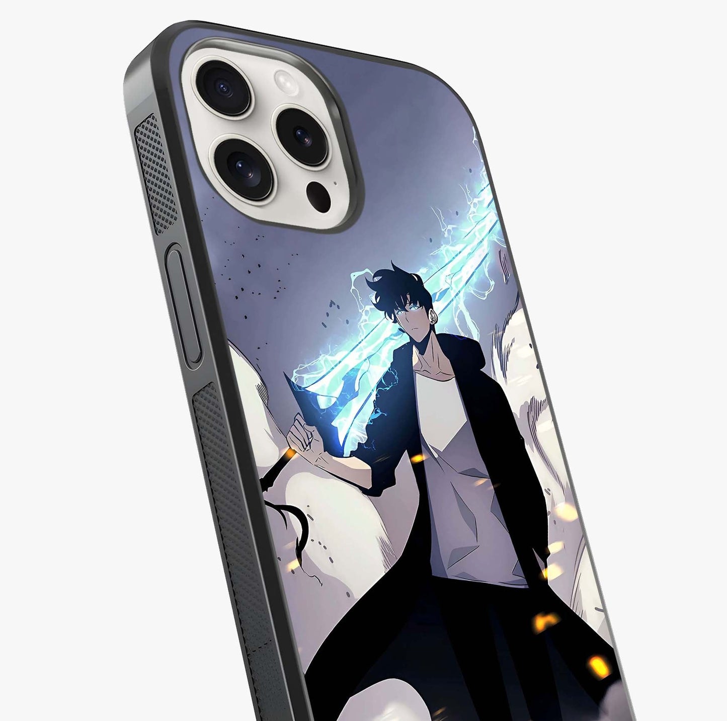 Dark Lightning Anime Warrior Glass Case captured at a warm angle highlighting gloss, texture and premium glass finish.