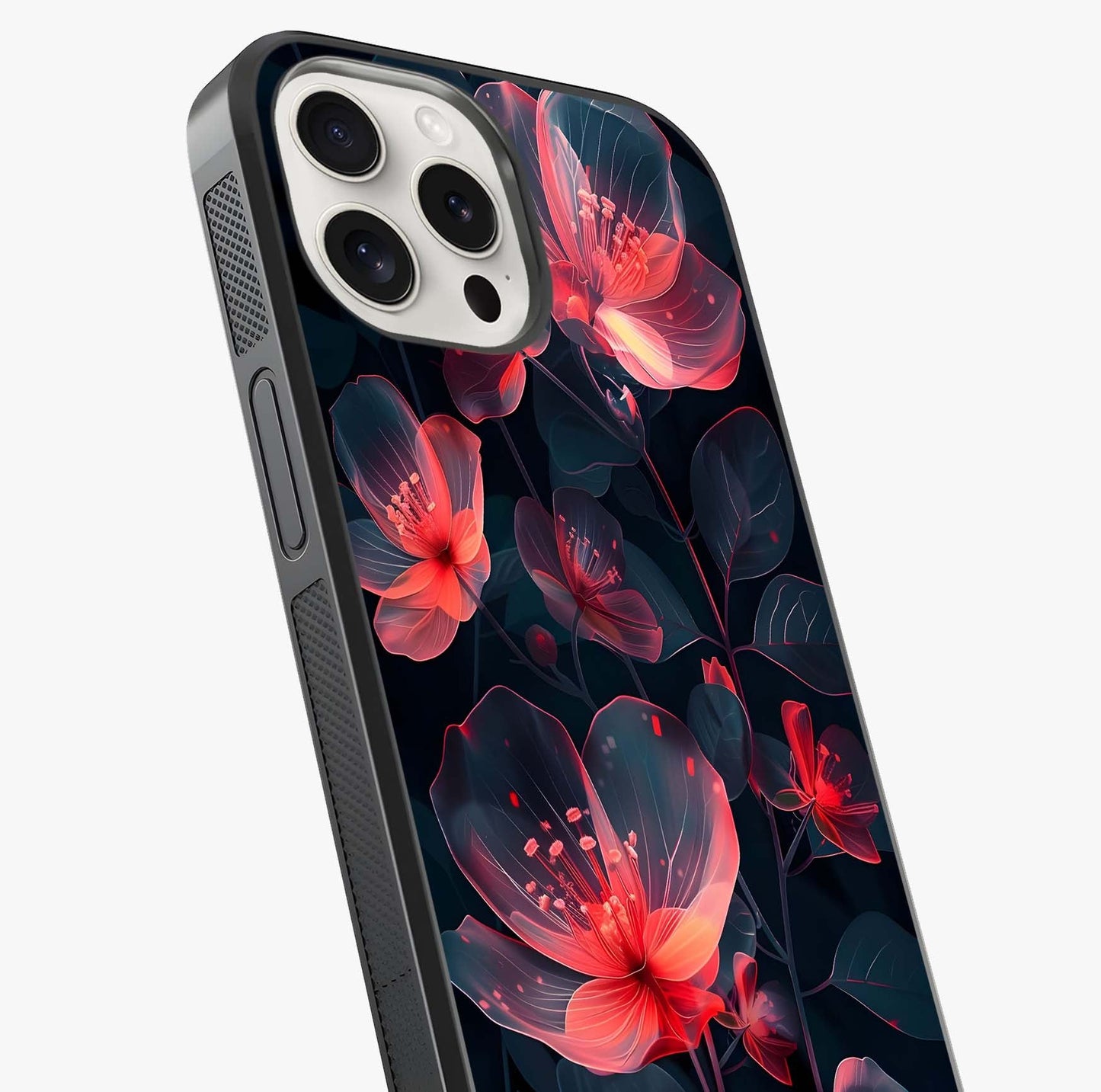 Dark Shade Of Flower Glass Case captured at a warm angle highlighting gloss, texture and premium glass finish.