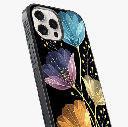Delicate Multicolor Flowers Glass Case captured at a warm angle highlighting gloss, texture and premium glass finish.