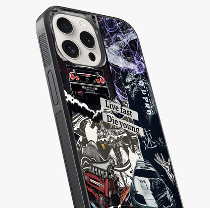 Die Young Glass Case captured at a warm angle highlighting gloss, texture and premium glass finish.