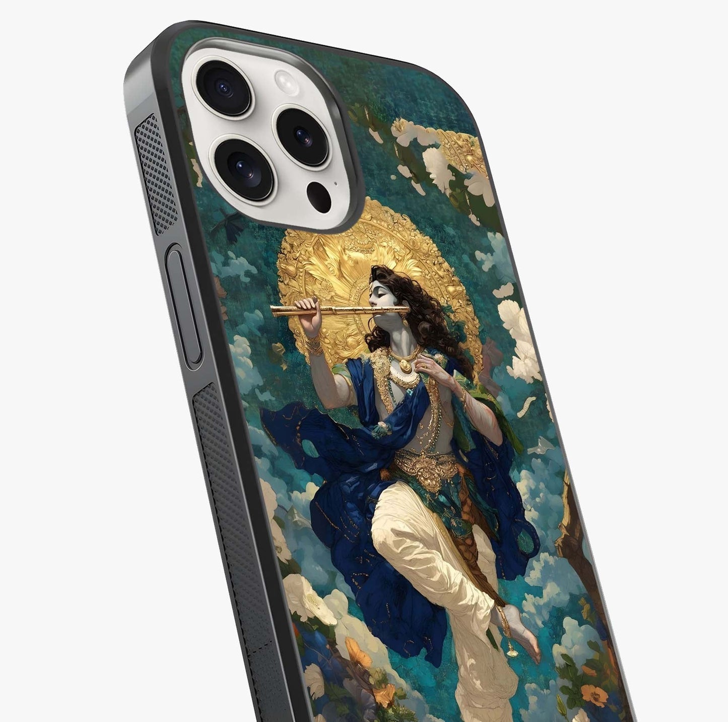 Divine Krishna Art Glass Case captured at a warm angle highlighting gloss, texture and premium glass finish.