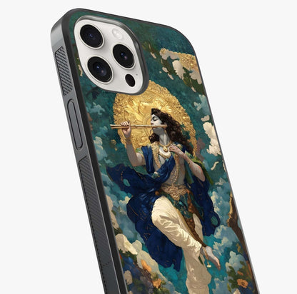 Divine Krishna Art Glass Case captured at a warm angle highlighting gloss, texture and premium glass finish.