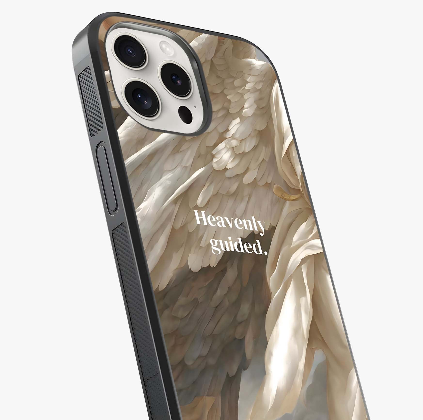 Divine Winged Grace Glass Case captured at a warm angle highlighting gloss, texture and premium glass finish.