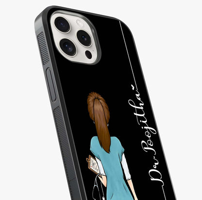Doctor Pattern Custom Name Glass Case captured at a warm angle highlighting gloss, texture and premium glass finish.