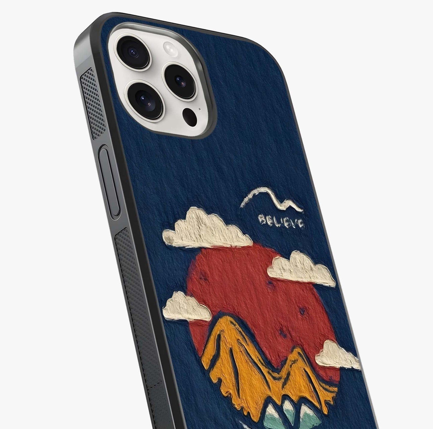 Dream Beyond Mountains Glass Case captured at a warm angle highlighting gloss, texture and premium glass finish.