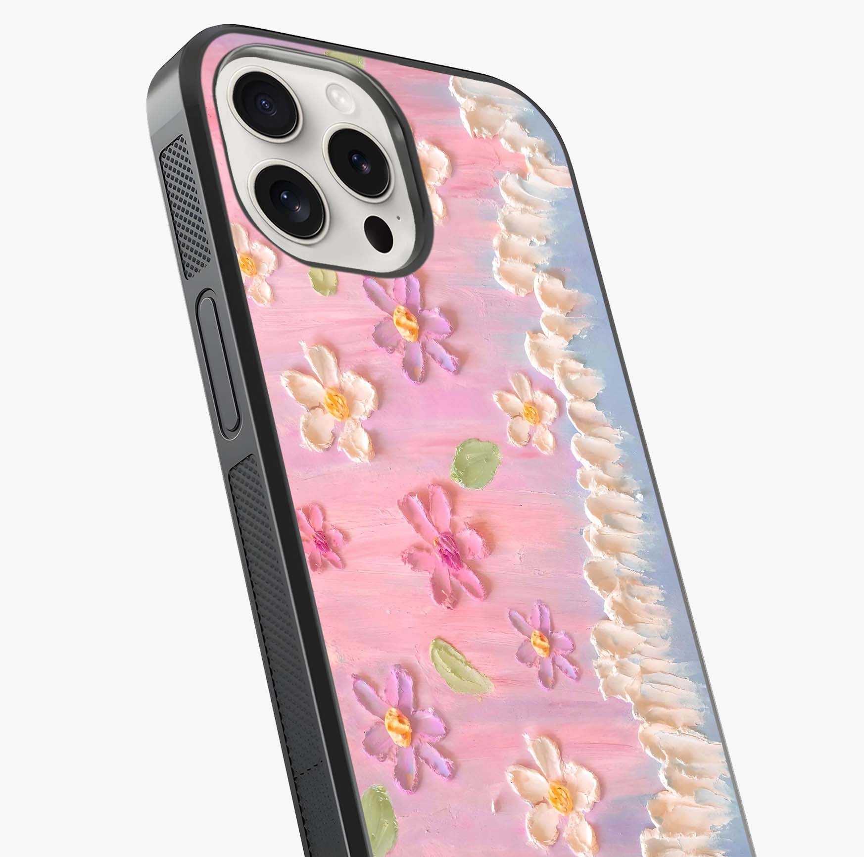 Dreamy Painted Garden Glass Case captured at a warm angle highlighting gloss, texture and premium glass finish.
