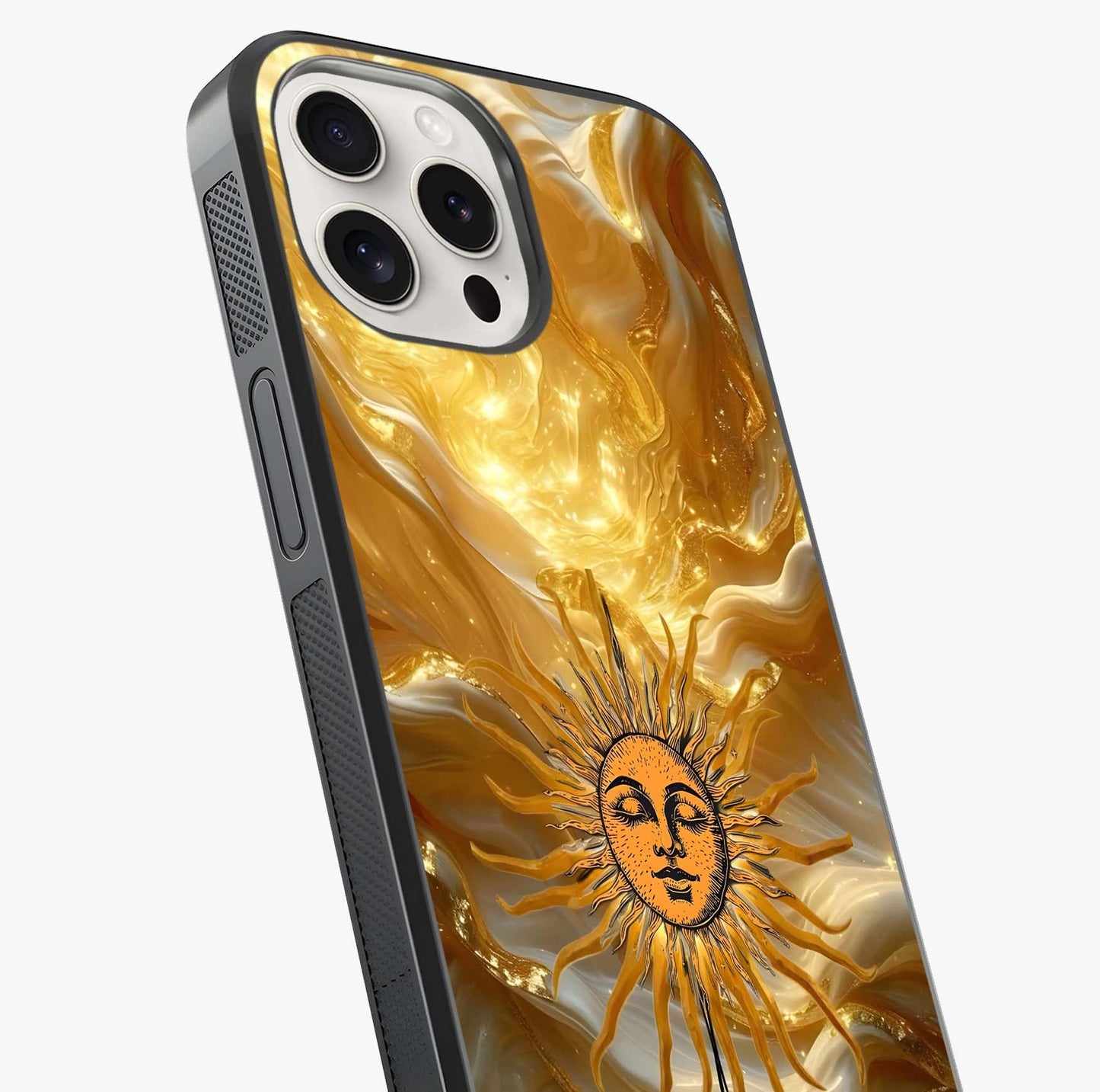 Eternal Golden Glow Glass Case captured at a warm angle highlighting gloss, texture and premium glass finish.