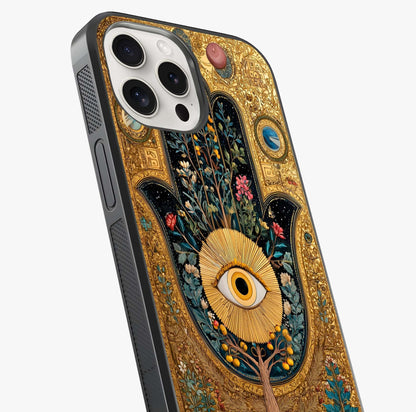 Ethereal Evil Eye Glass Case captured at a warm angle highlighting gloss, texture and premium glass finish.