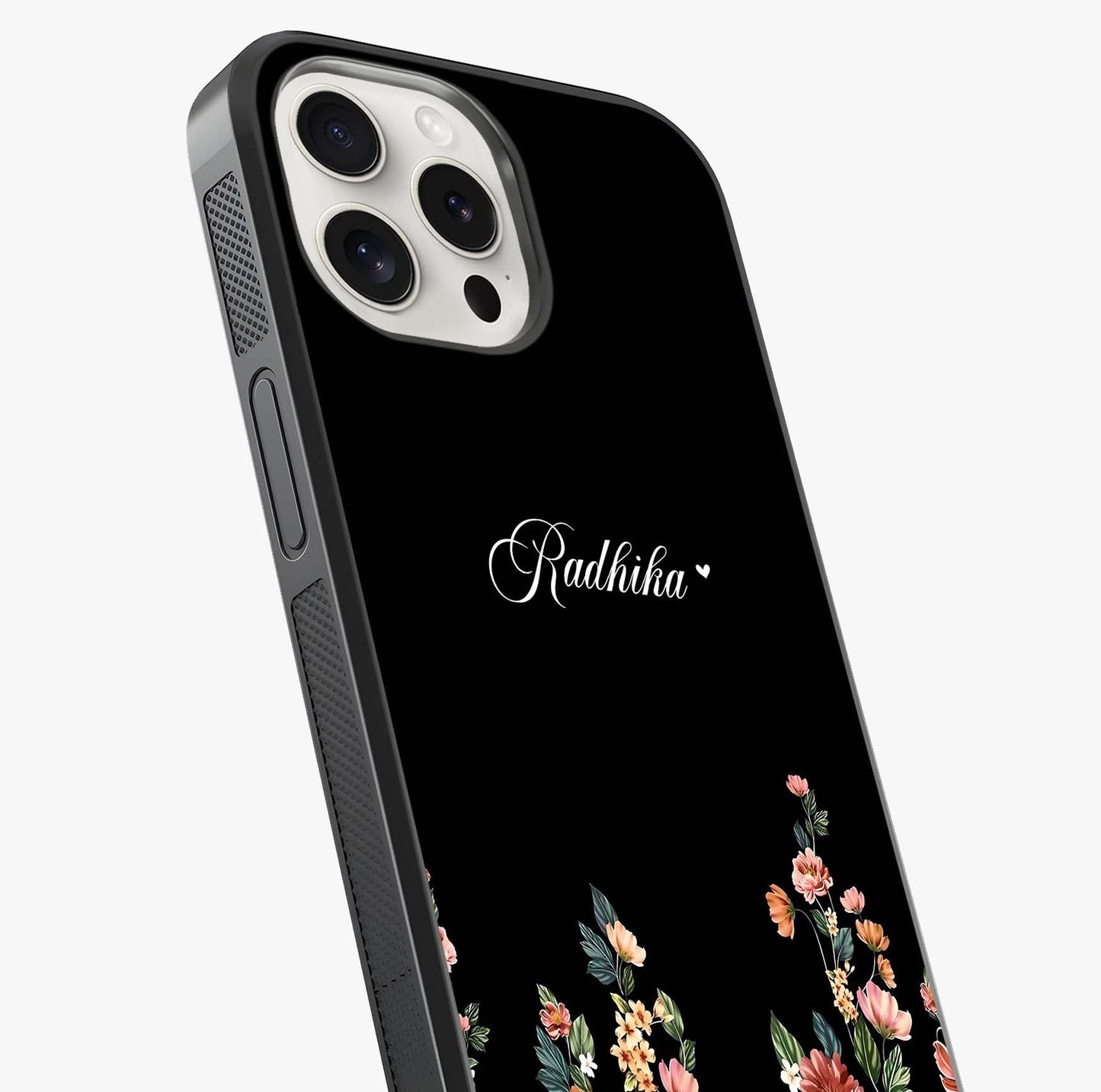 Floral Design With A Custom Personalized Name Glass Case captured at a warm angle highlighting gloss, texture and premium glass finish.