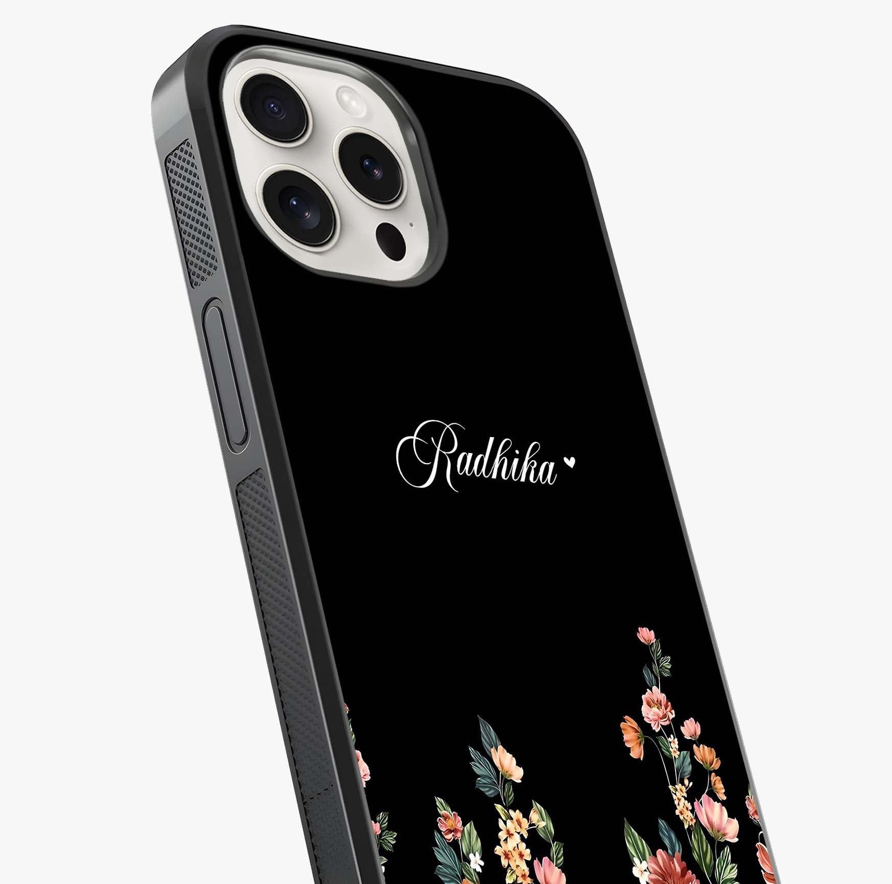 Floral Design With A Custom Personalized Name Glass Case captured at a warm angle highlighting gloss, texture and premium glass finish.