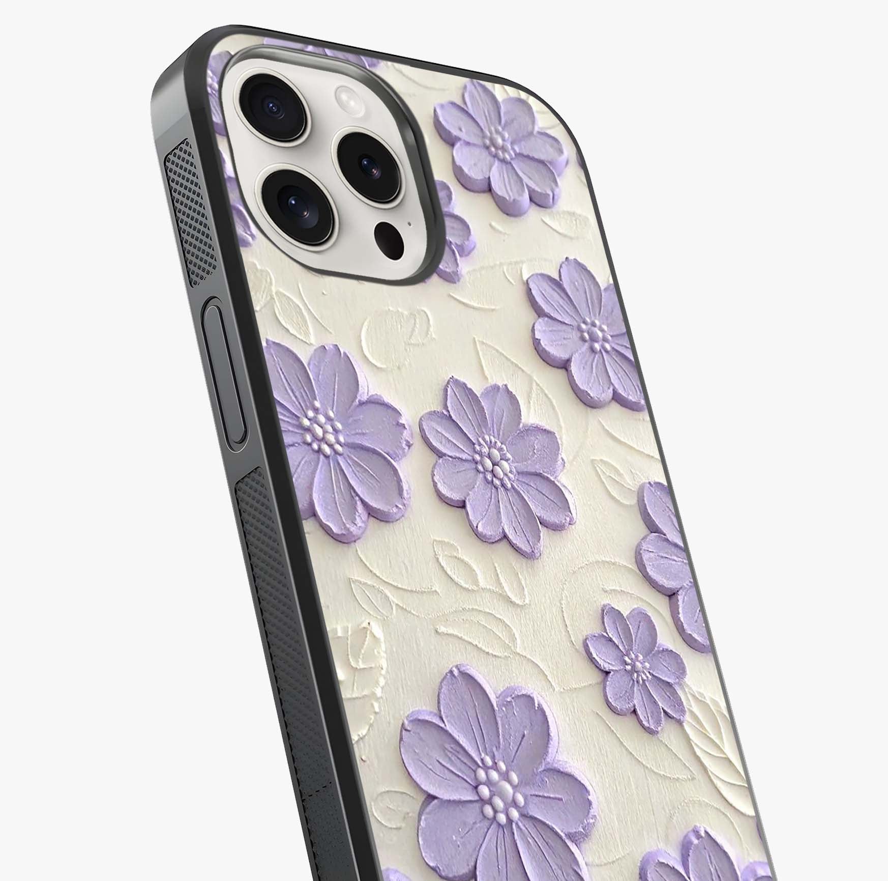 Floral Wall Art With Purple Flowers Glass Case captured at a warm angle highlighting gloss, texture and premium glass finish.