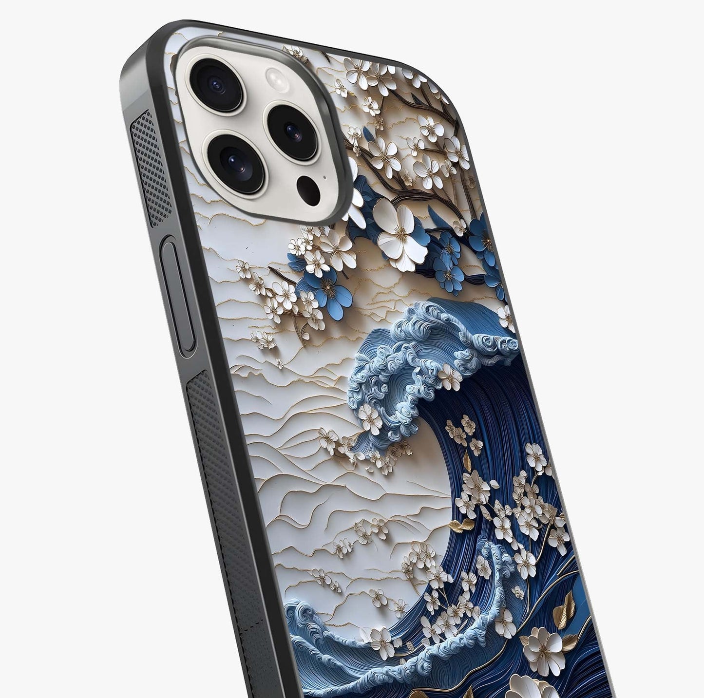 Floral Wave Origami Glass Case captured at a warm angle highlighting gloss, texture and premium glass finish.