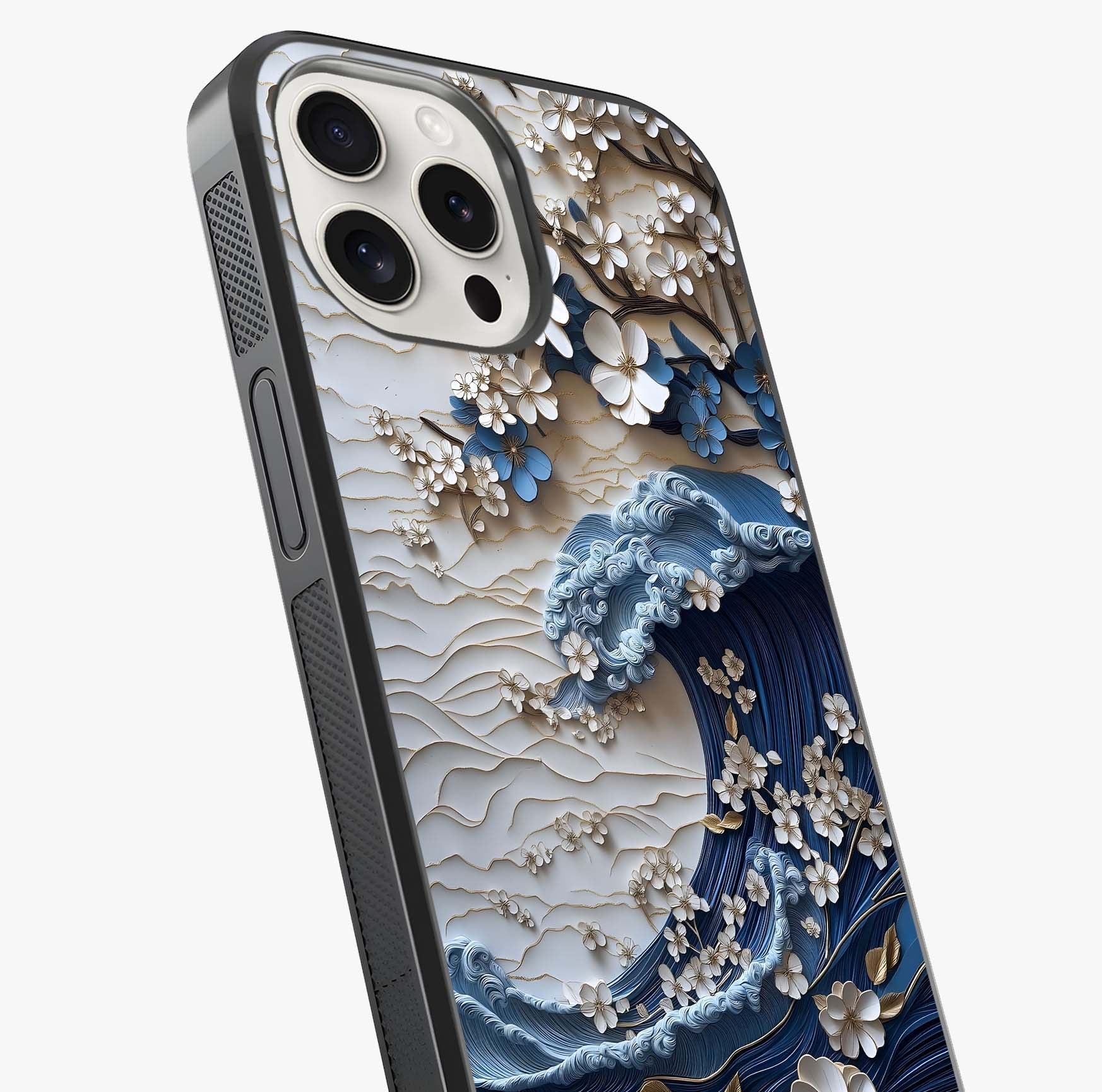 Floral Wave Origami Glass Case captured at a warm angle highlighting gloss, texture and premium glass finish.