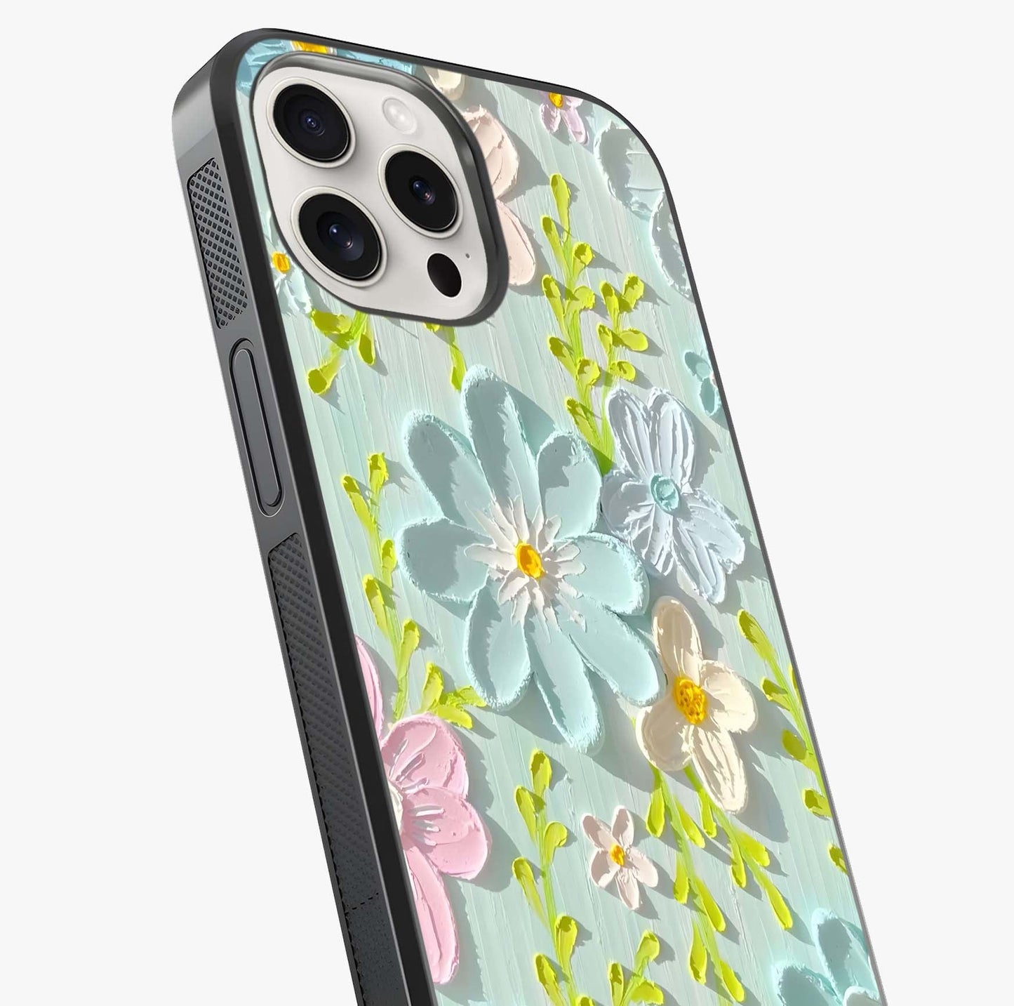 Frosted Petal Garden Glass Case captured at a warm angle highlighting gloss, texture and premium glass finish.