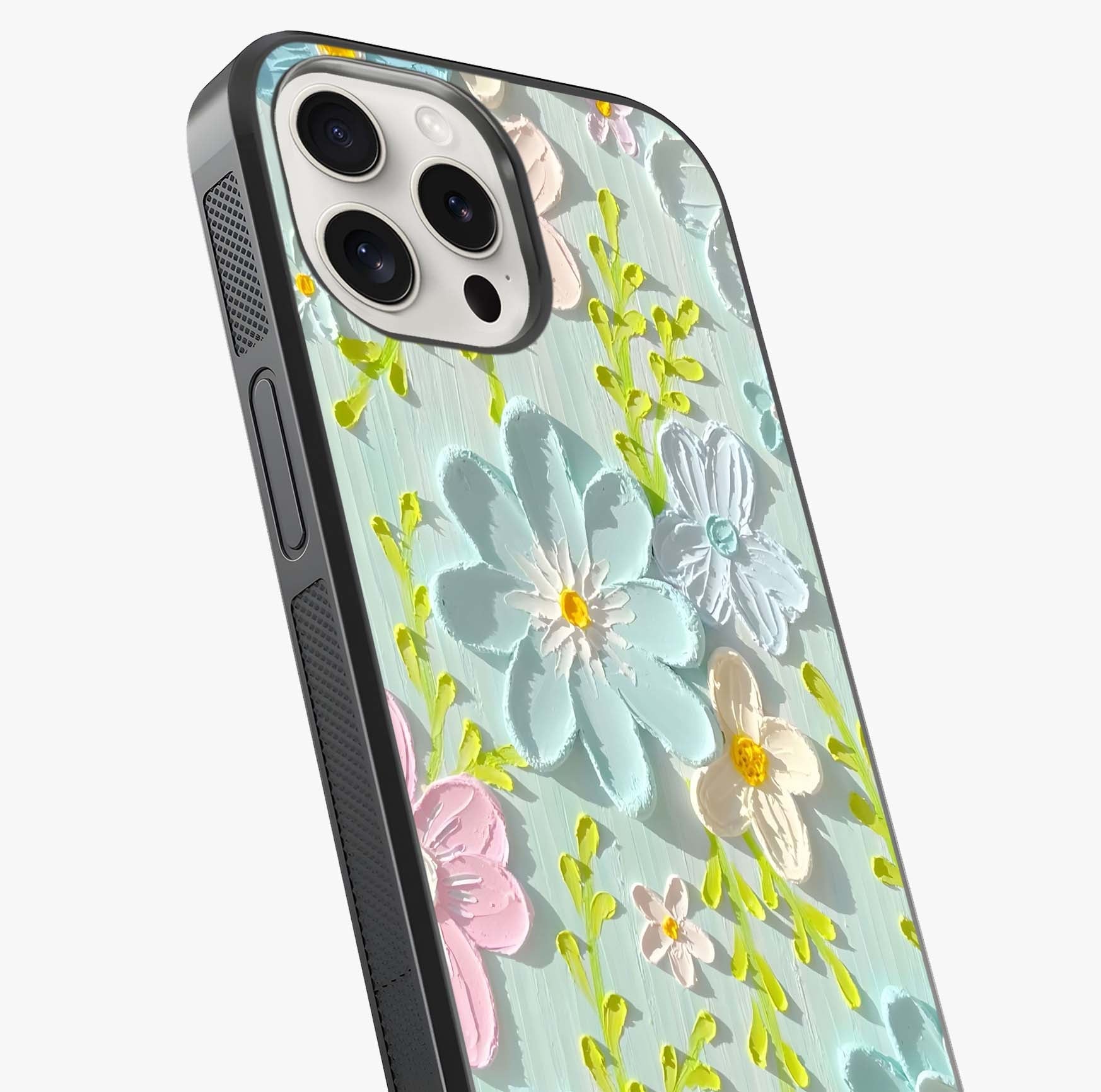 Frosted Petal Garden Glass Case captured at a warm angle highlighting gloss, texture and premium glass finish.
