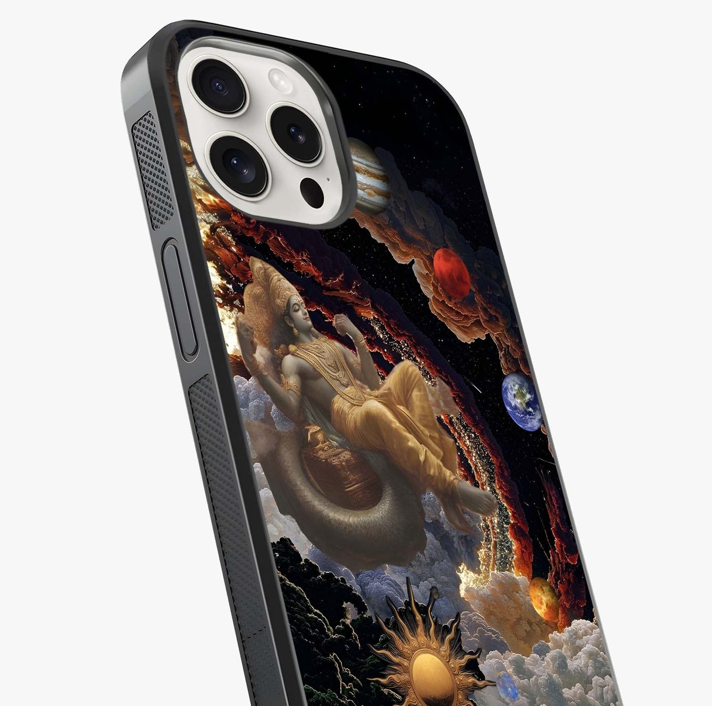 Galactic Divine God Glass Case captured at a warm angle highlighting gloss, texture and premium glass finish.