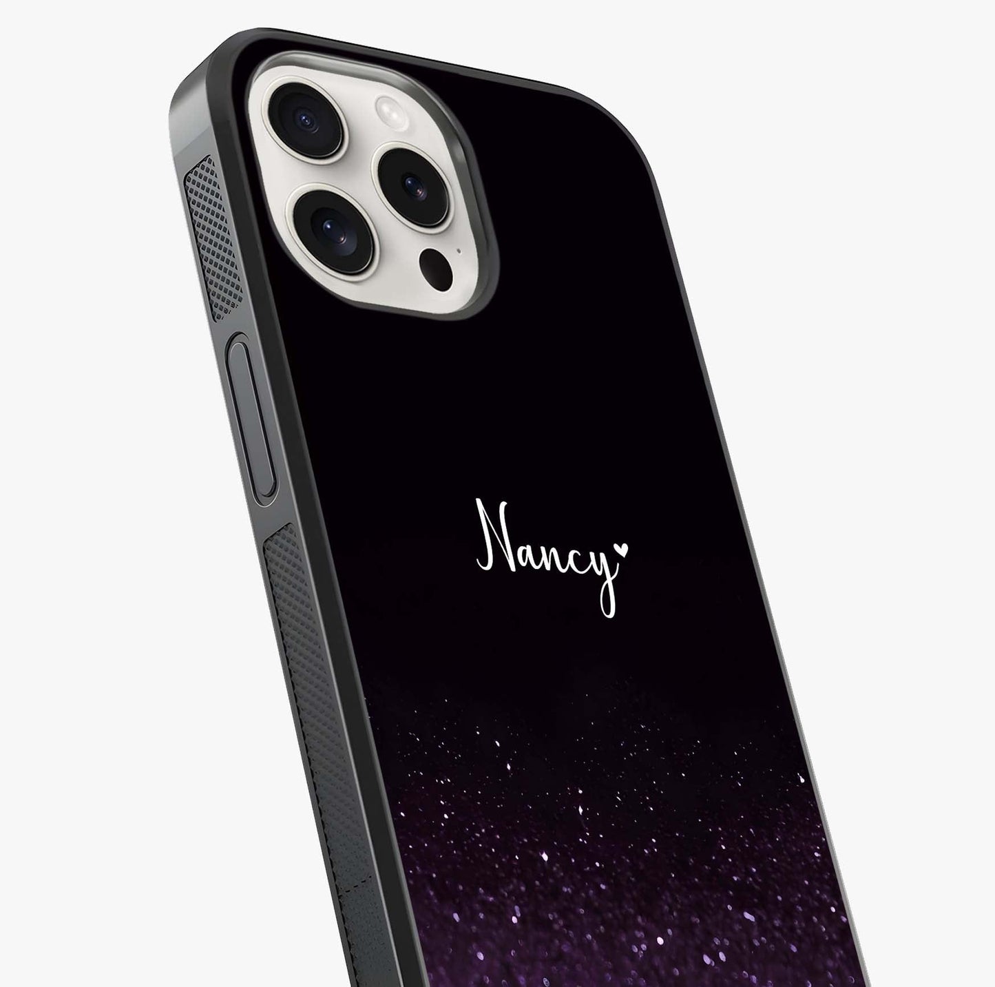 Glittery Purple Bokeh Custom Name Glass Case captured at a warm angle highlighting gloss, texture and premium glass finish.
