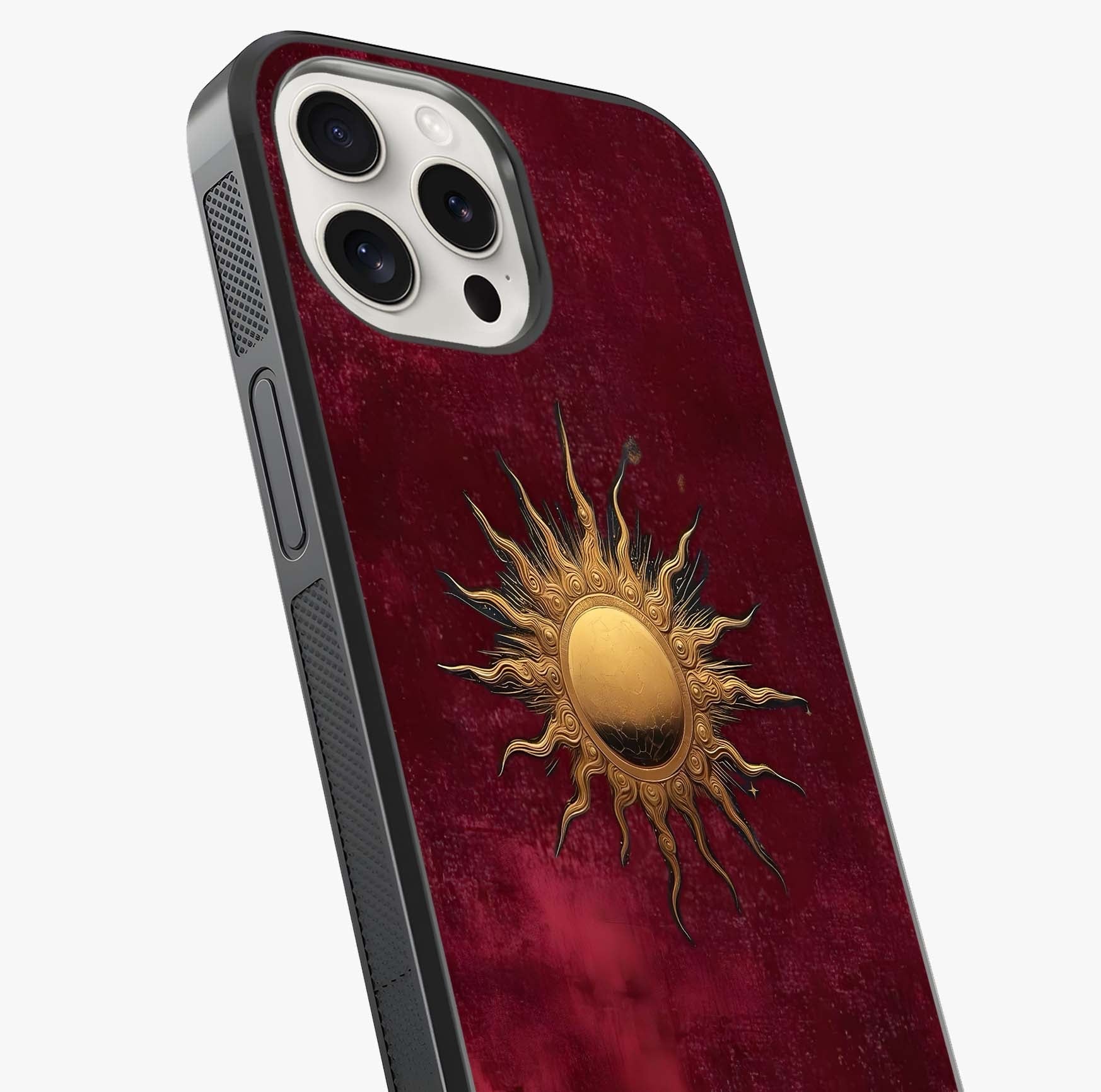 Gold Sun Blush Glass Case captured at a warm angle highlighting gloss, texture and premium glass finish.