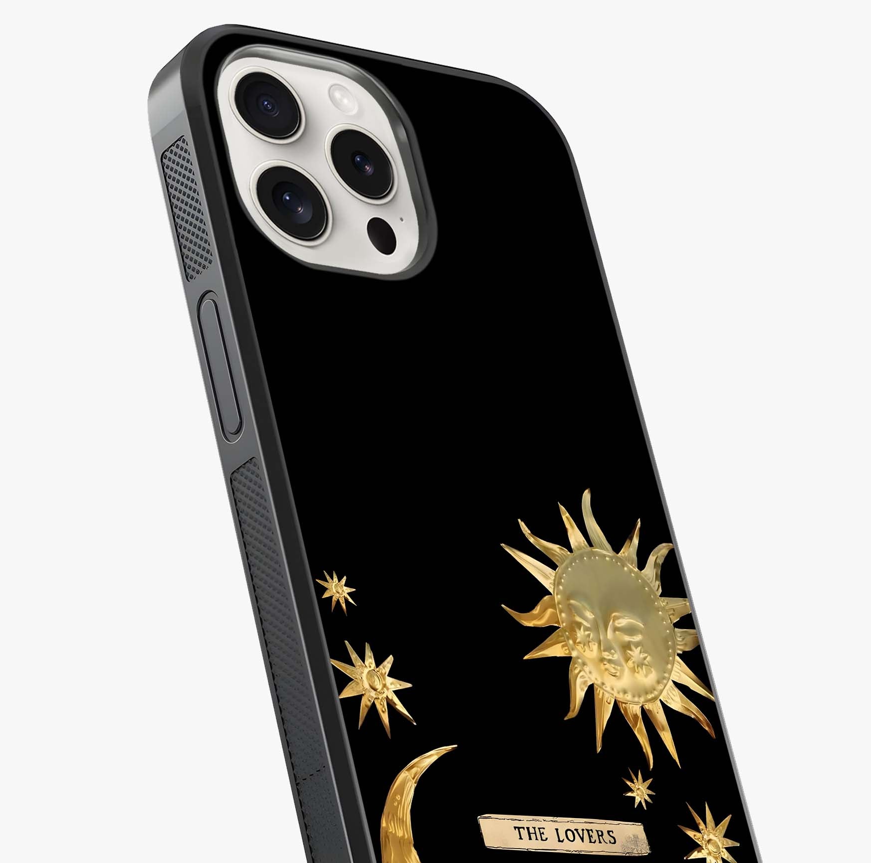 Golden Celestial Charm Glass Case captured at a warm angle highlighting gloss, texture and premium glass finish.
