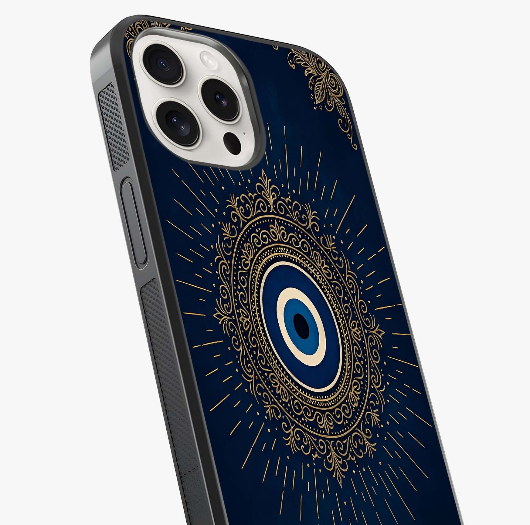 Golden Evil Eye Mandala Glass Case captured at a warm angle highlighting gloss, texture and premium glass finish.