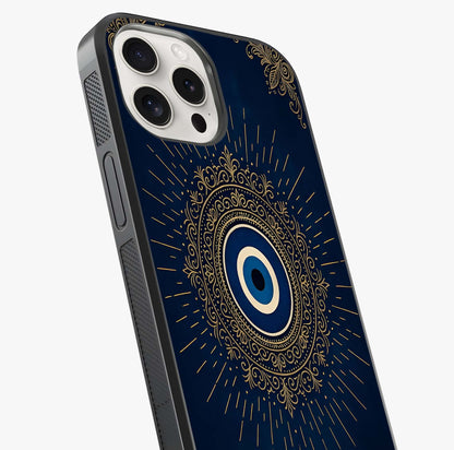 Golden Evil Eye Mandala Glass Case captured at a warm angle highlighting gloss, texture and premium glass finish.