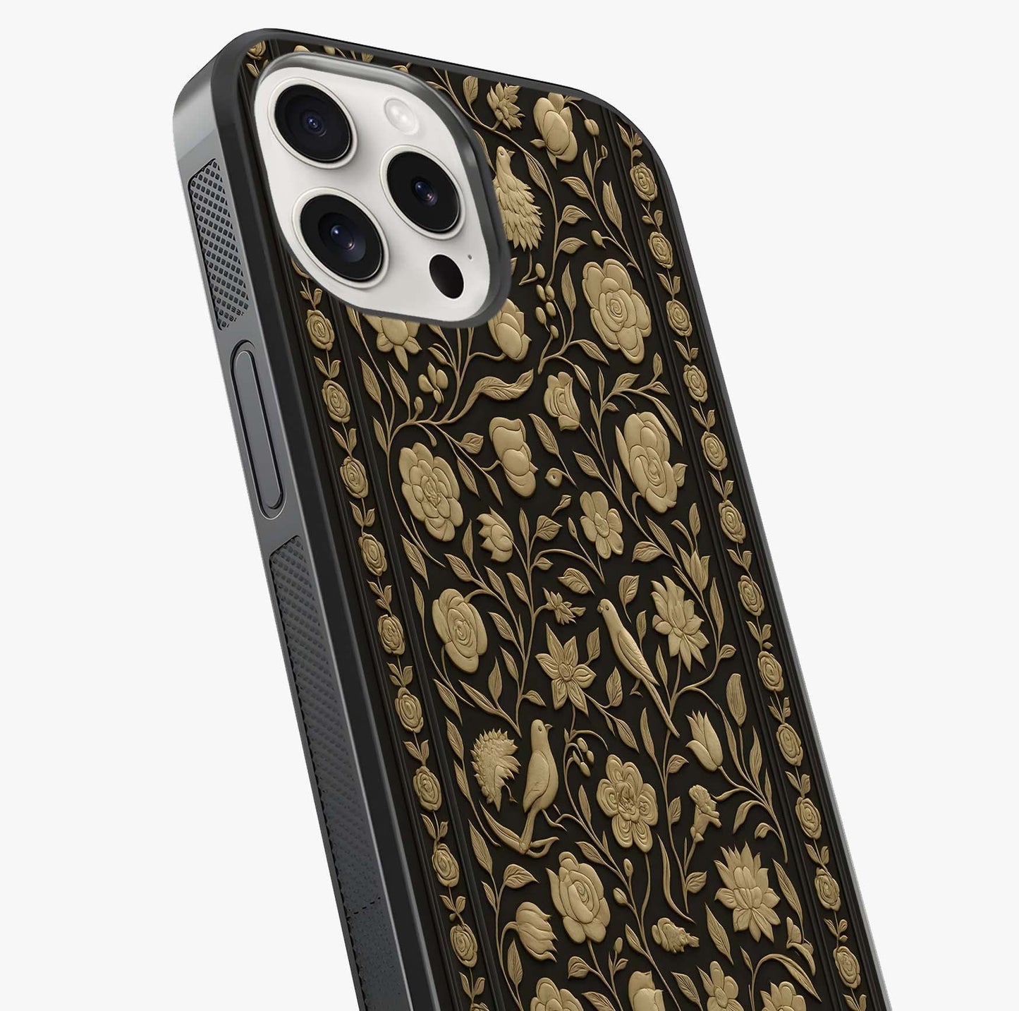 Golden Floral Majesty Glass Case captured at a warm angle highlighting gloss, texture and premium glass finish.