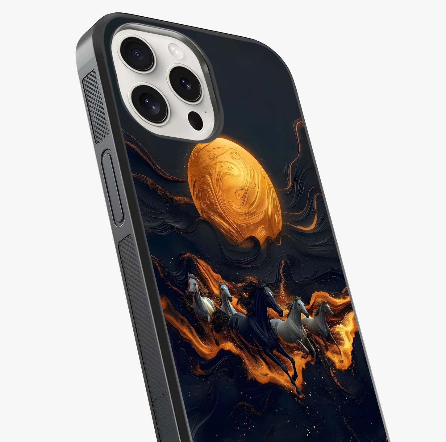 Golden Stallion Moonride Glass Case captured at a warm angle highlighting gloss, texture and premium glass finish.