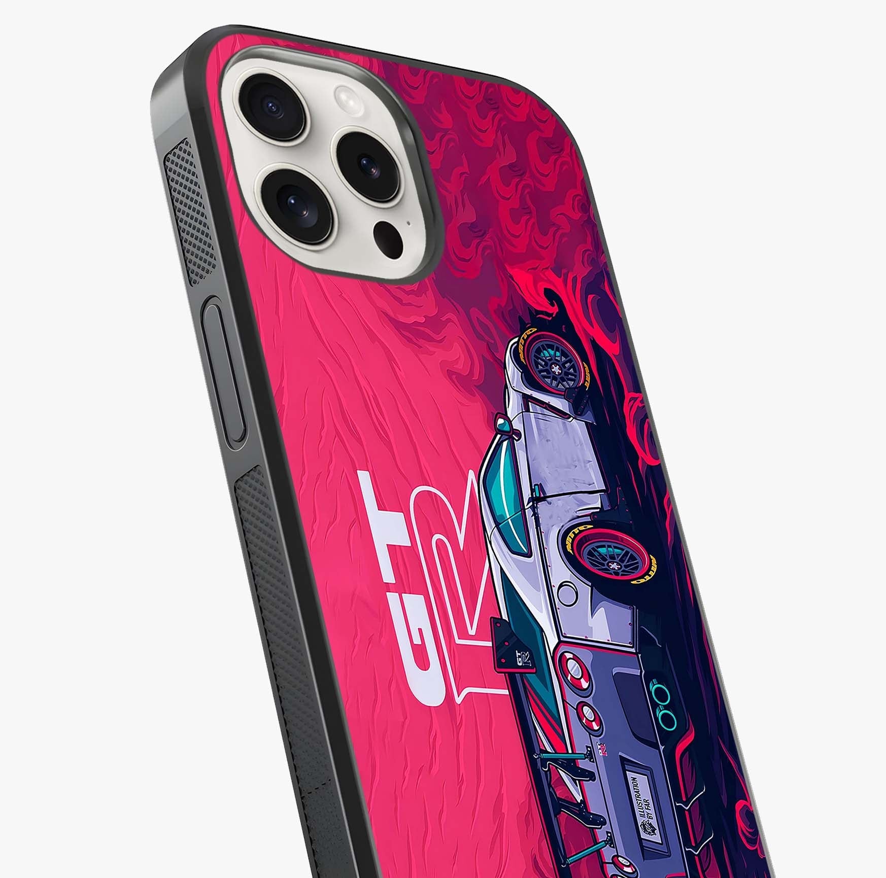 GT R Car Pattern Glass Case captured at a warm angle highlighting gloss, texture and premium glass finish.