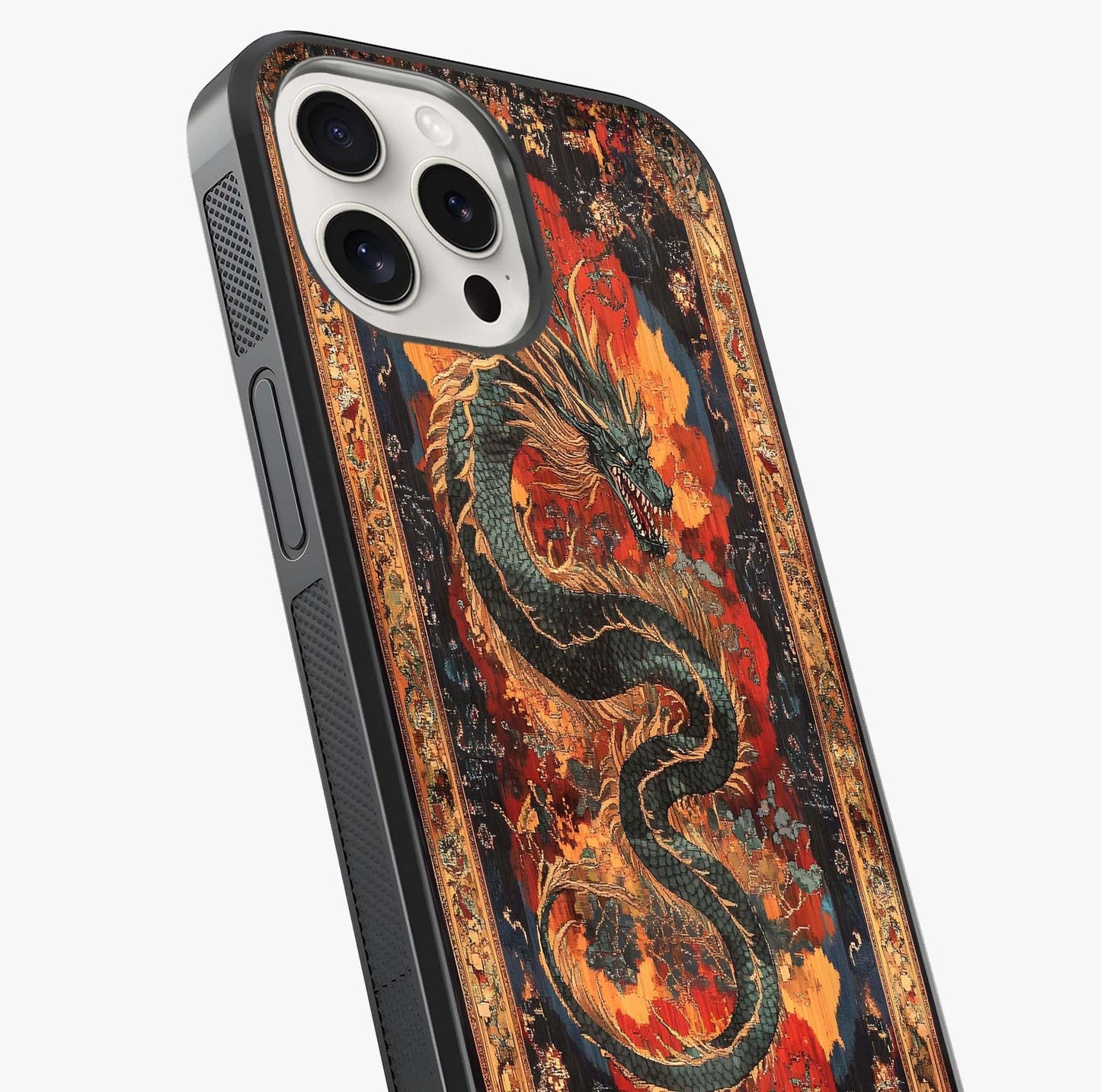 Inferno Dragon Soul Glass Case captured at a warm angle highlighting gloss, texture and premium glass finish.