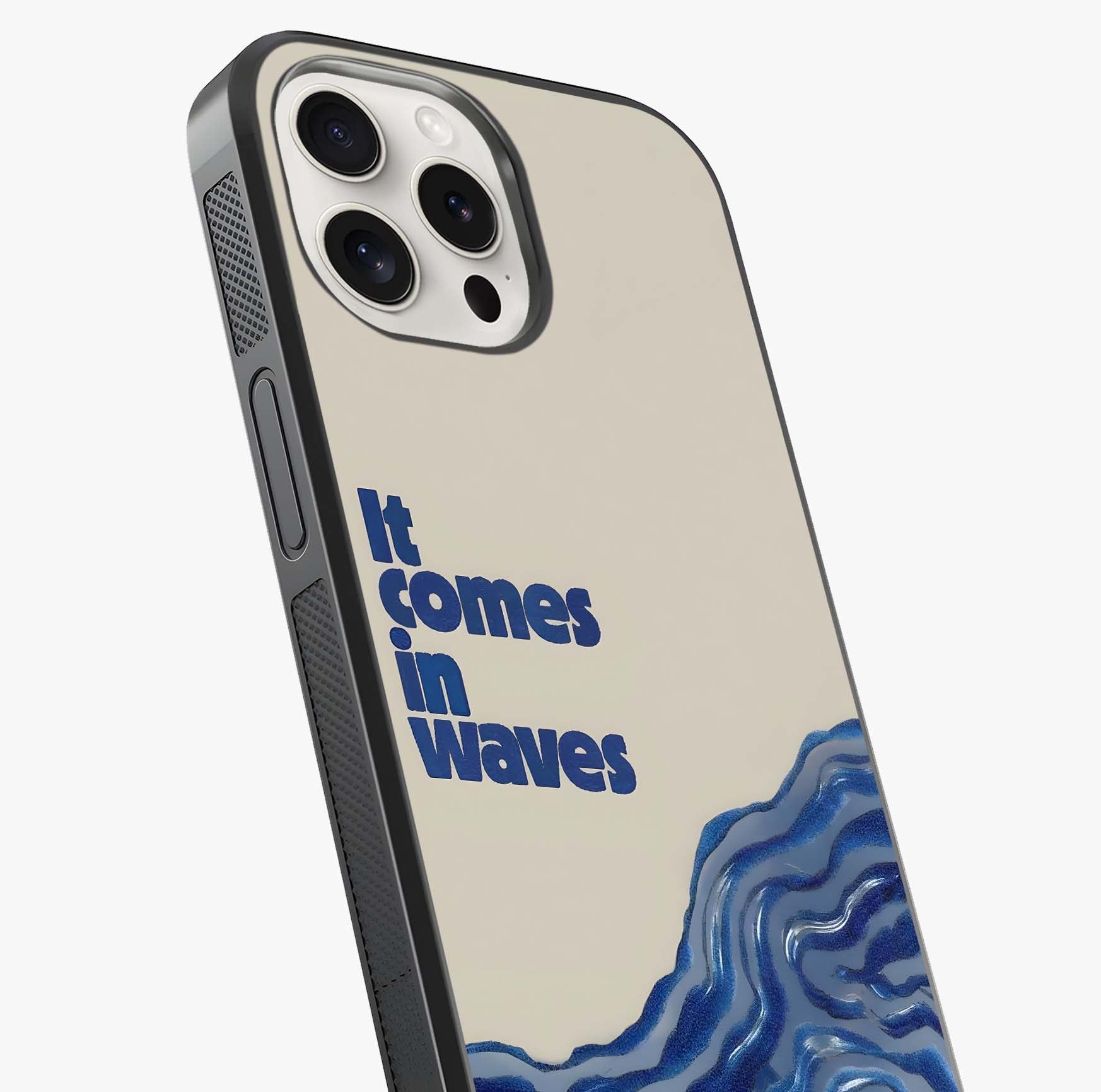 It Comes In Waves Quote Glass Case captured at a warm angle highlighting gloss, texture and premium glass finish.