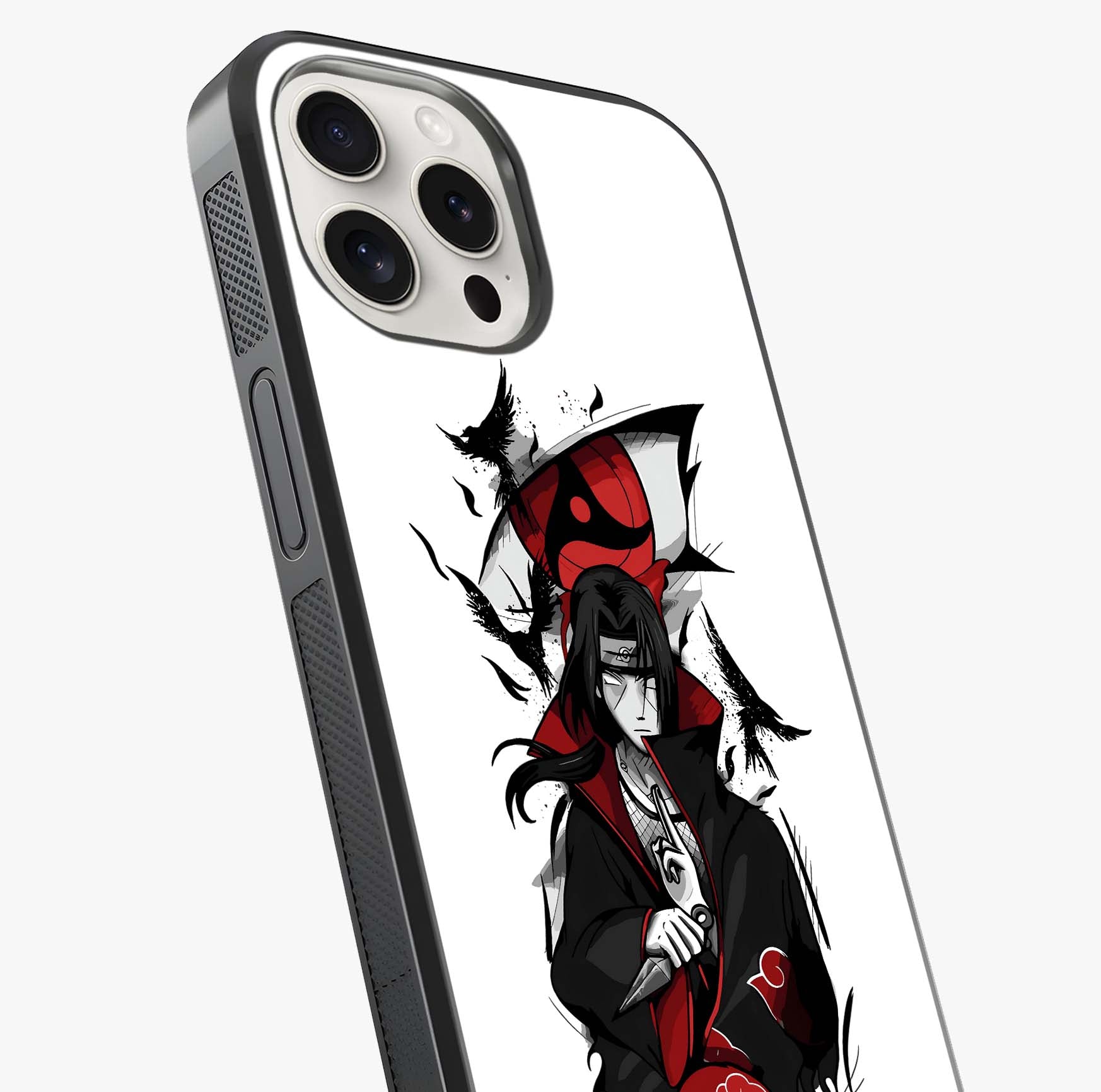 Itachi Sharingan Glass Case captured at a warm angle highlighting gloss, texture and premium glass finish.