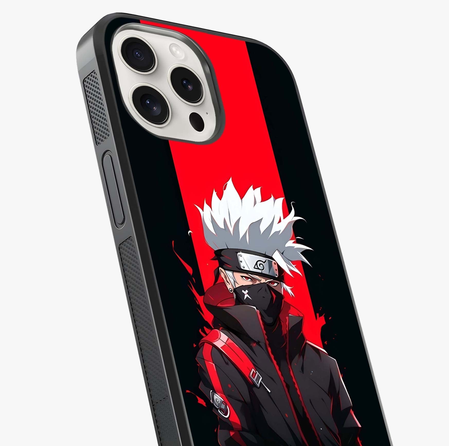 Kakashi Scarlet Shadow Glass Case captured at a warm angle highlighting gloss, texture and premium glass finish.