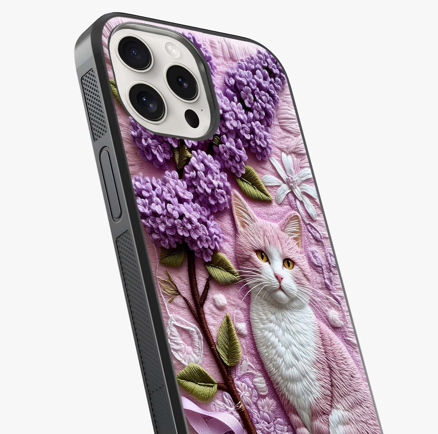 Lavender Cat Whimsy Glass Case captured at a warm angle highlighting gloss, texture and premium glass finish.