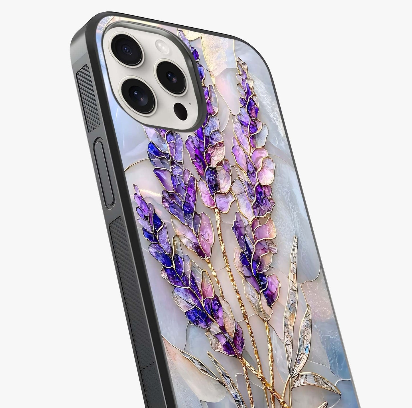 Lavender Dream Glow Glass Case captured at a warm angle highlighting gloss, texture and premium glass finish.