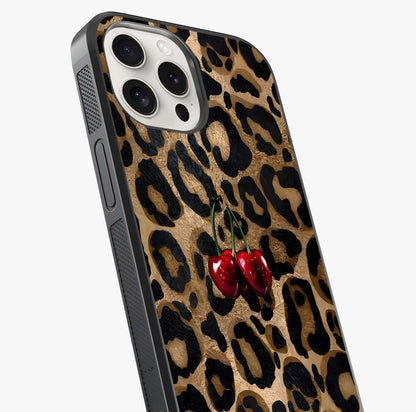 Leopard Wild Cherry Glass Case captured at a warm angle highlighting gloss, texture and premium glass finish.