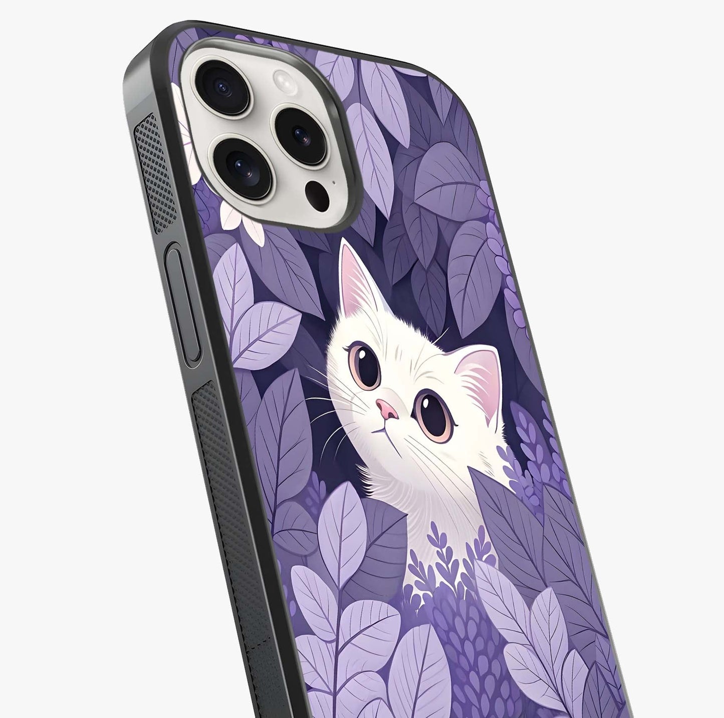 Lilac Hide Peek Cat Glass Case captured at a warm angle highlighting gloss, texture and premium glass finish.
