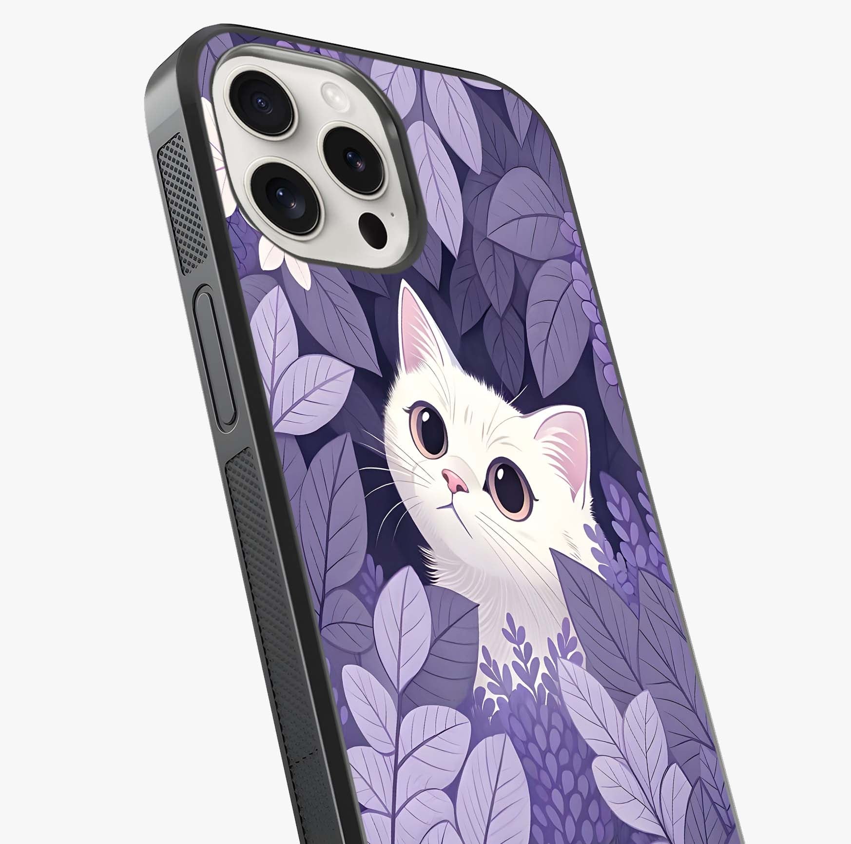Lilac Hide Peek Cat Glass Case captured at a warm angle highlighting gloss, texture and premium glass finish.