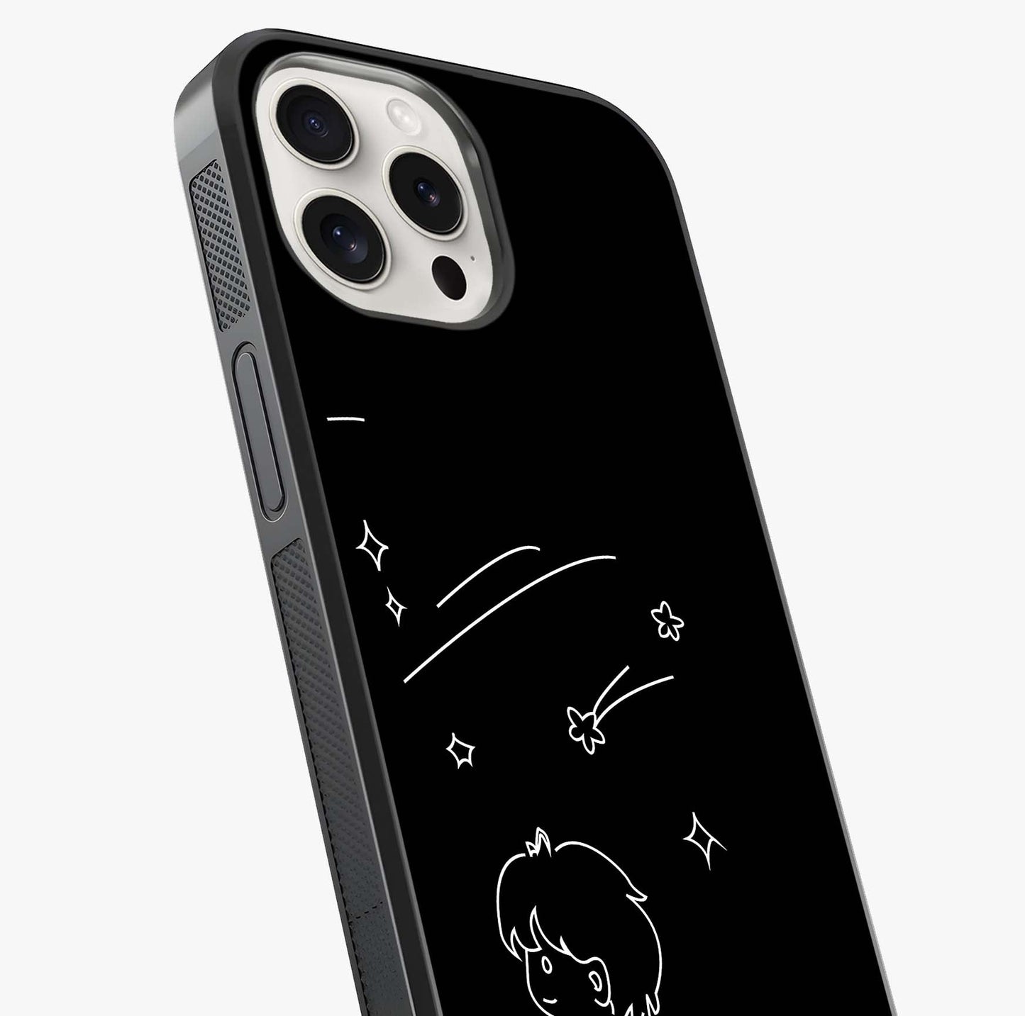 Line Art Boy With Shooting Stars Glass Case captured at a warm angle highlighting gloss, texture and premium glass finish.