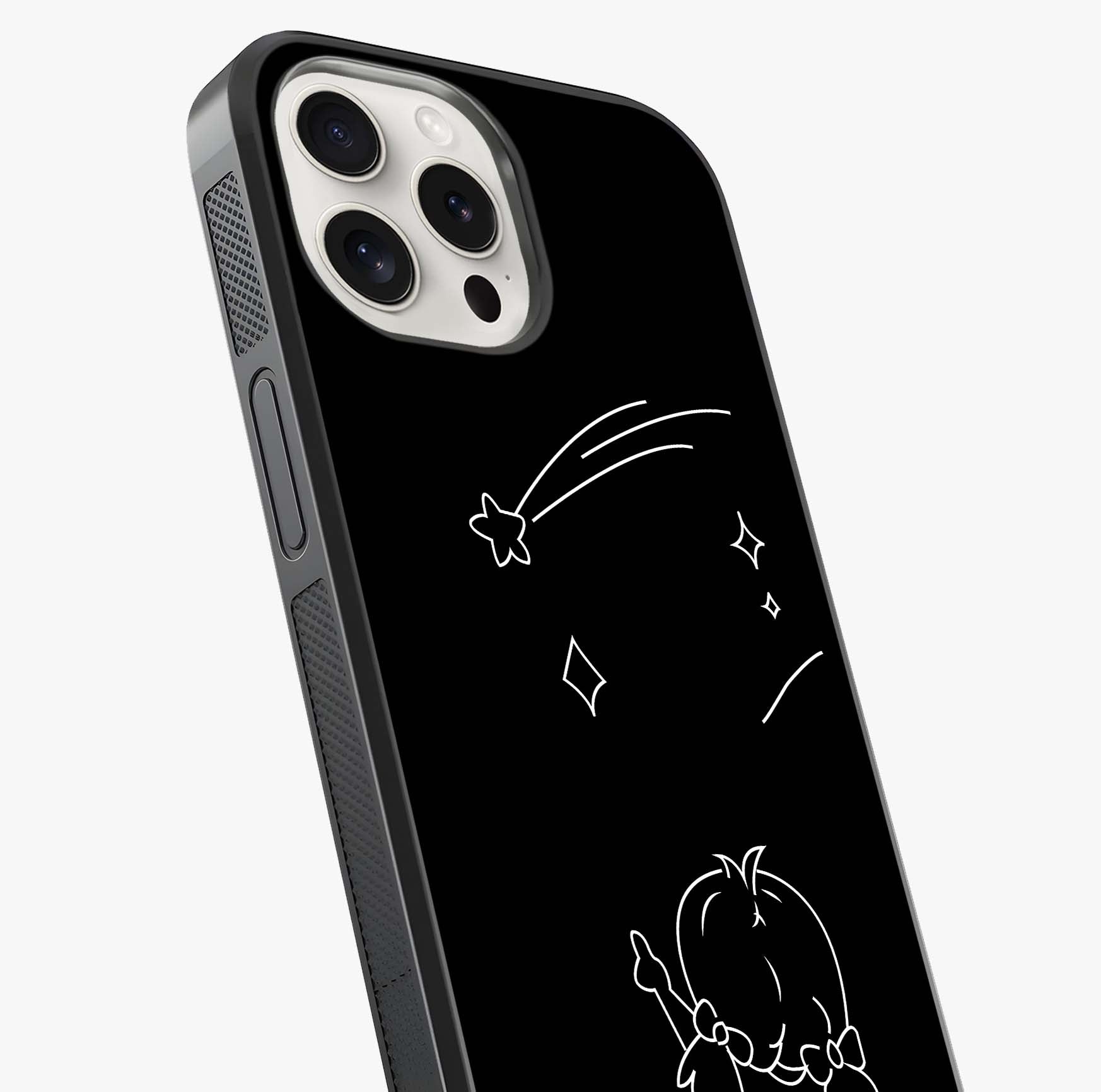 Line Art Girl With Shooting Stars Glass Case captured at a warm angle highlighting gloss, texture and premium glass finish.