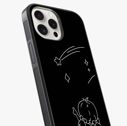 Line Art Girl With Shooting Stars Glass Case captured at a warm angle highlighting gloss, texture and premium glass finish.