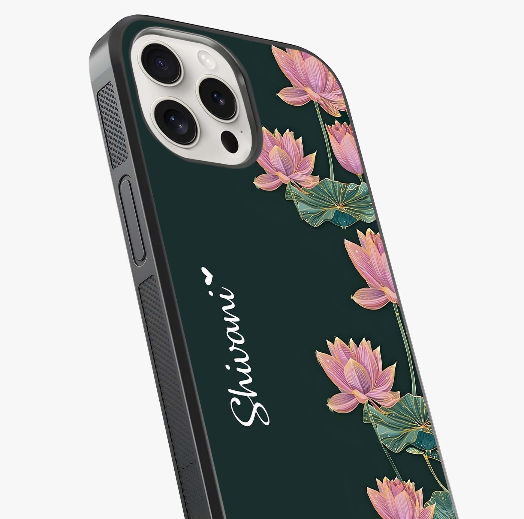Lotus Bloom Serenity Custom Name Glass Case captured at a warm angle highlighting gloss, texture and premium glass finish.