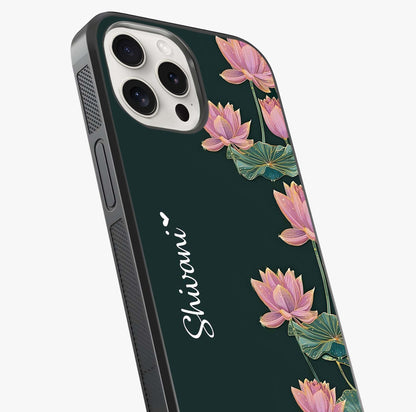 Lotus Bloom Serenity Custom Name Glass Case captured at a warm angle highlighting gloss, texture and premium glass finish.