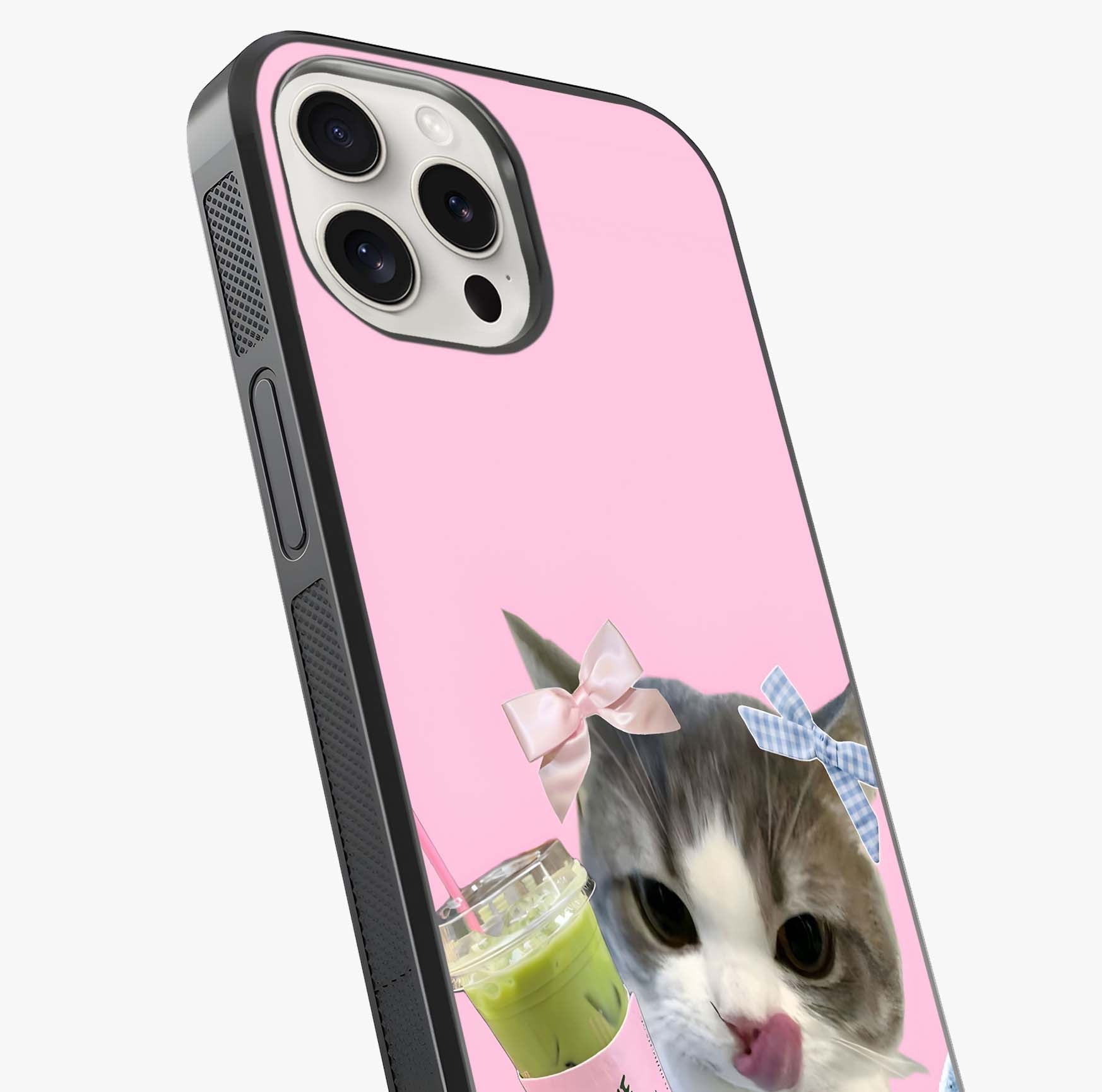 Love Matcha Cat Glass Case captured at a warm angle highlighting gloss, texture and premium glass finish.
