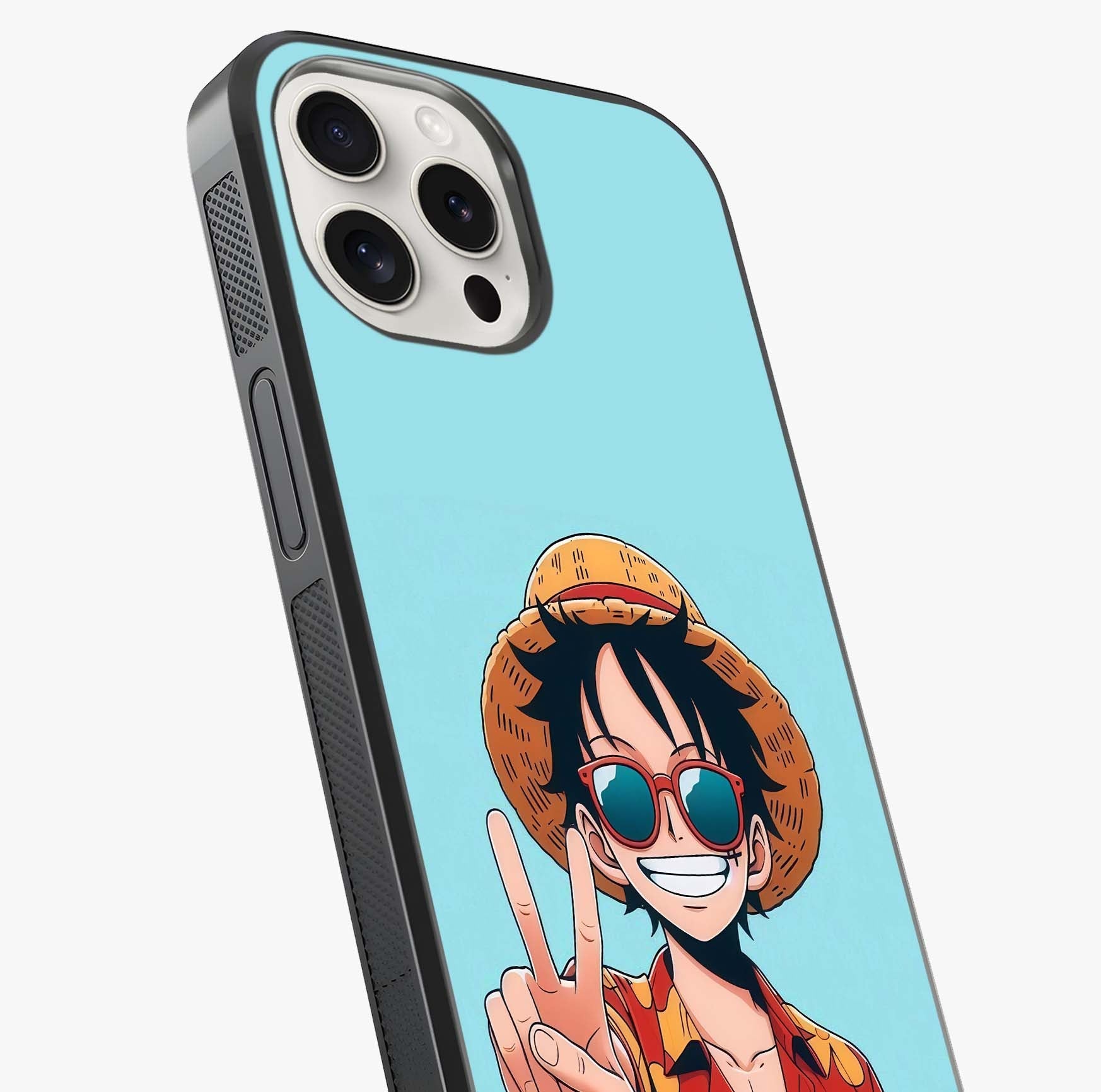 Luffy Summer Anime Vibe Glass Case captured at a warm angle highlighting gloss, texture and premium glass finish.