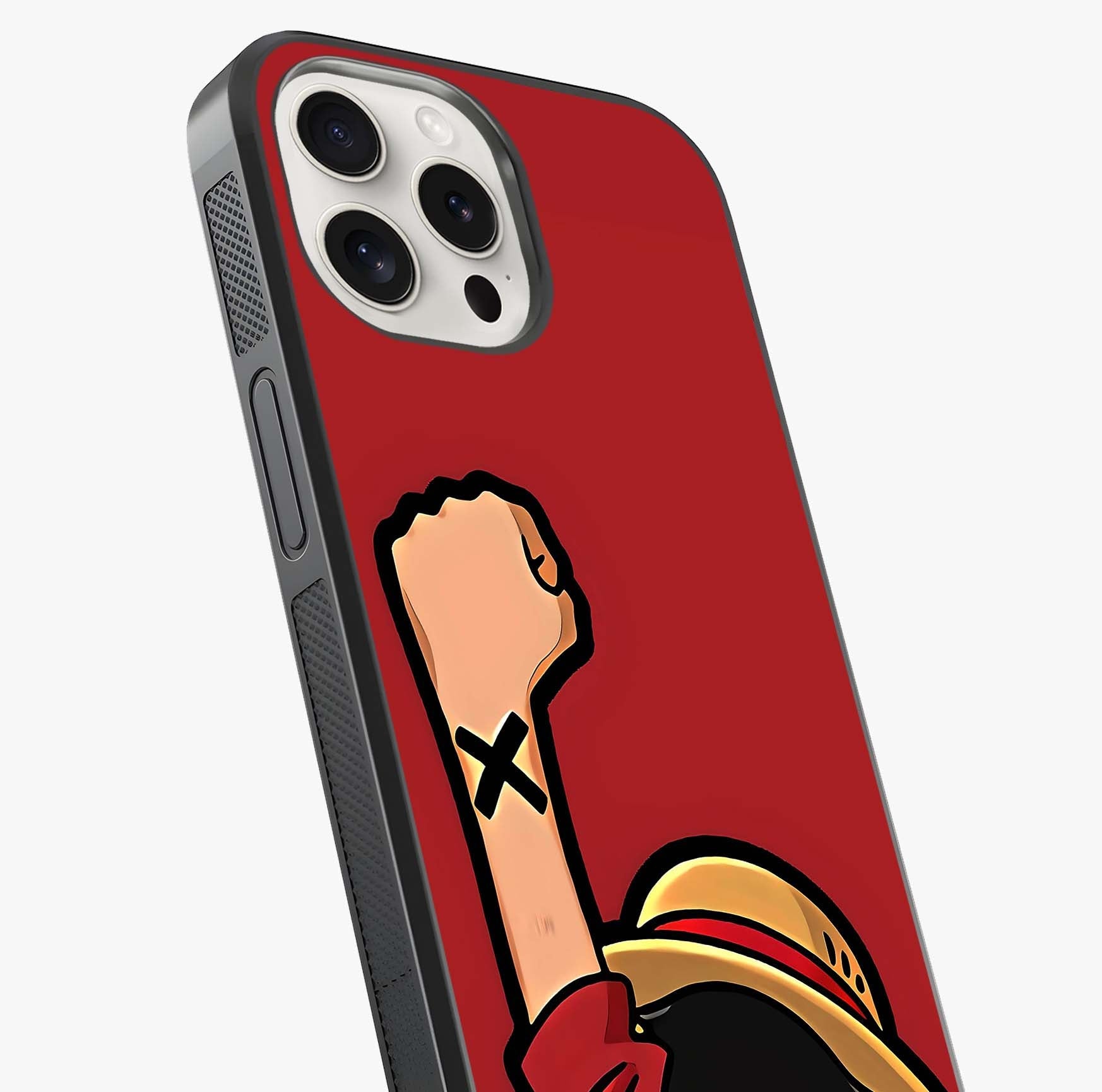 Luffy X Spirit Glass Case captured at a warm angle highlighting gloss, texture and premium glass finish.