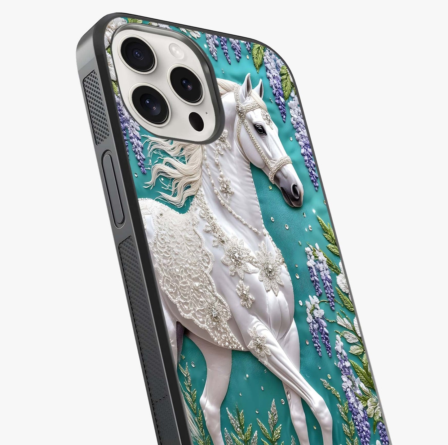 Majestic Floral Stallion Glass Case captured at a warm angle highlighting gloss, texture and premium glass finish.