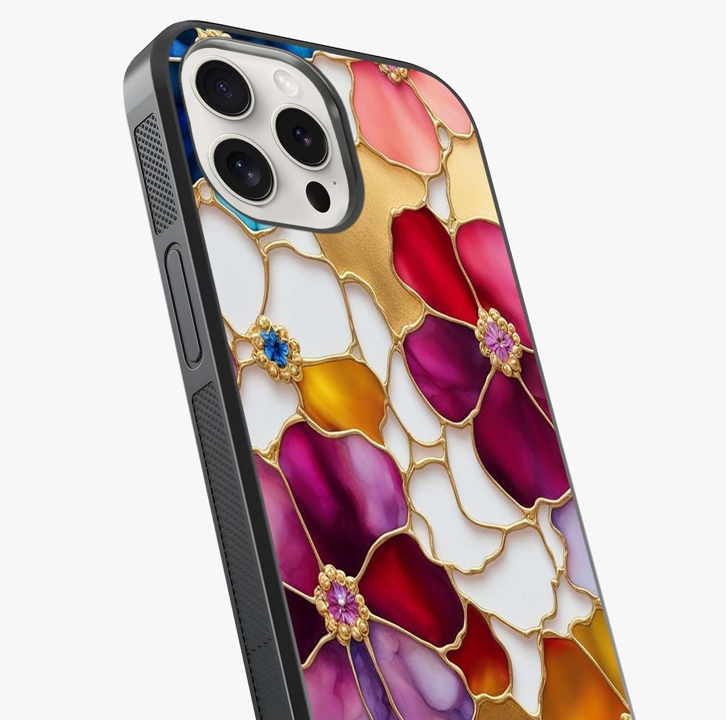 Marble Flower Pattern Glass Case captured at a warm angle highlighting gloss, texture and premium glass finish.