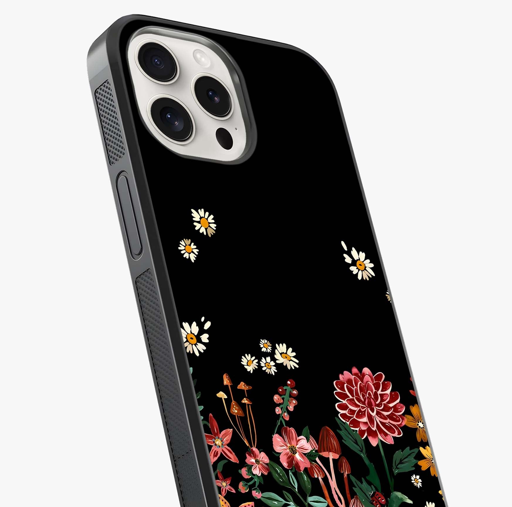 Midnight Bloom Pattern Glass Case captured at a warm angle highlighting gloss, texture and premium glass finish.